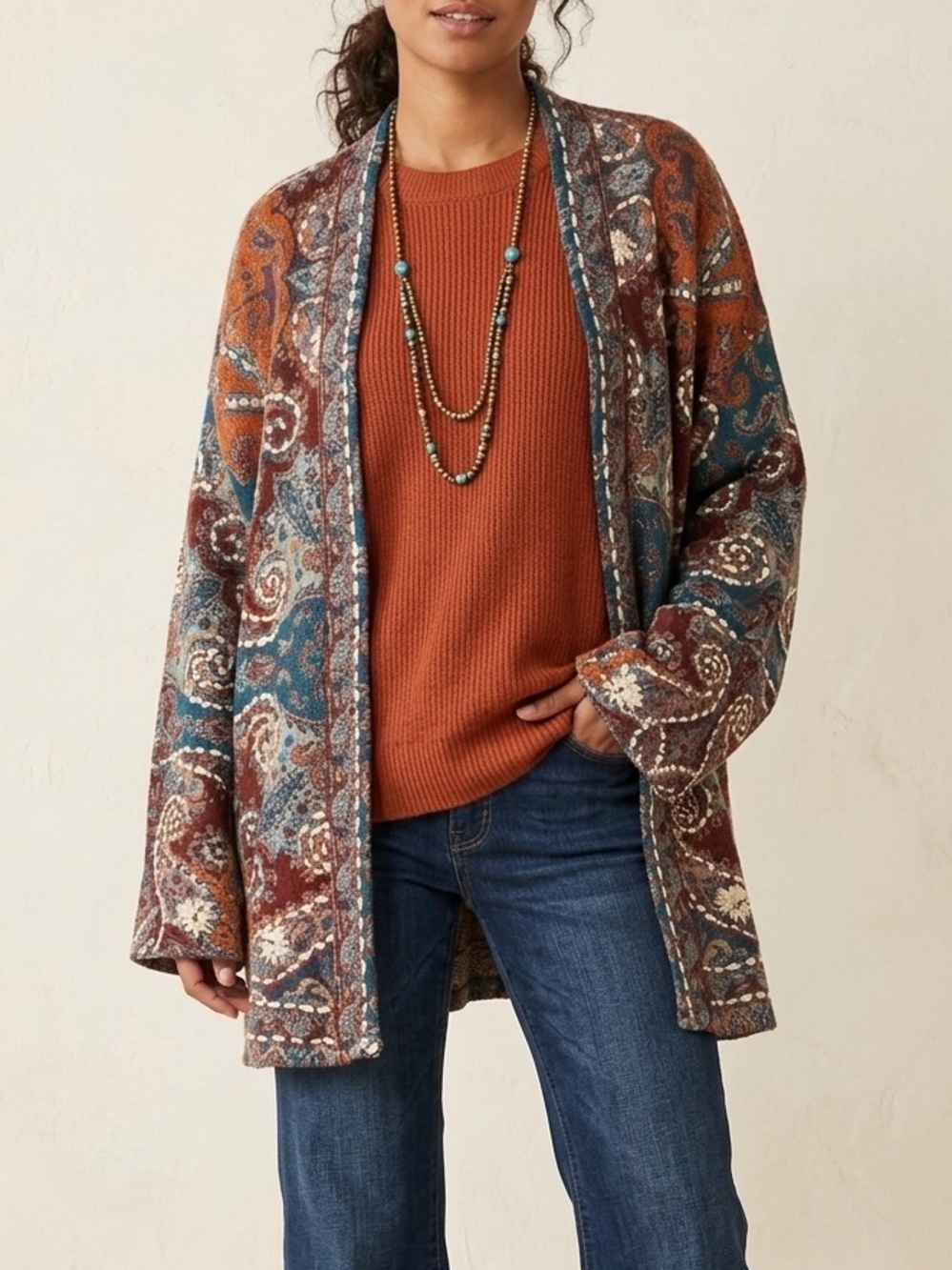 Windhorse Boho Paisley Open Front Cardigan Kimono Jacket L/XL Vintage Vibe